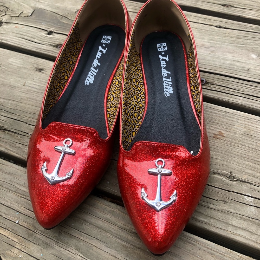 TUK red patent leather sparkly ankle flats